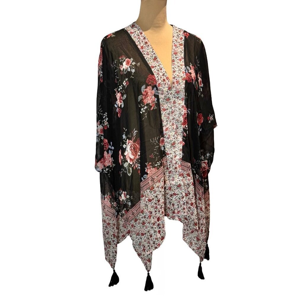Floral Kimono Sz XL Tassels Boho Whimsigoth Festival Gipsy Cottage